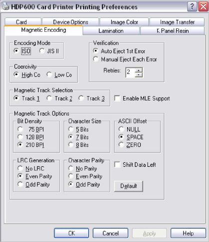 HDP 600 Card Printer Printing Preferences dialog box displaying the Magnetic Encoding tab with various options available